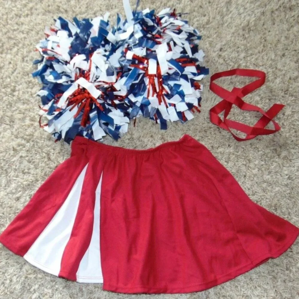Cheerleader Skirt, Pom Poms & Hair Ties Halloween Costume 12/14 Red White NO TOP